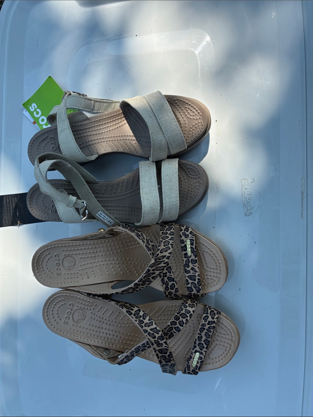 CROCS Women’s Beige Fabric and Leopard Print Strappy Sandals